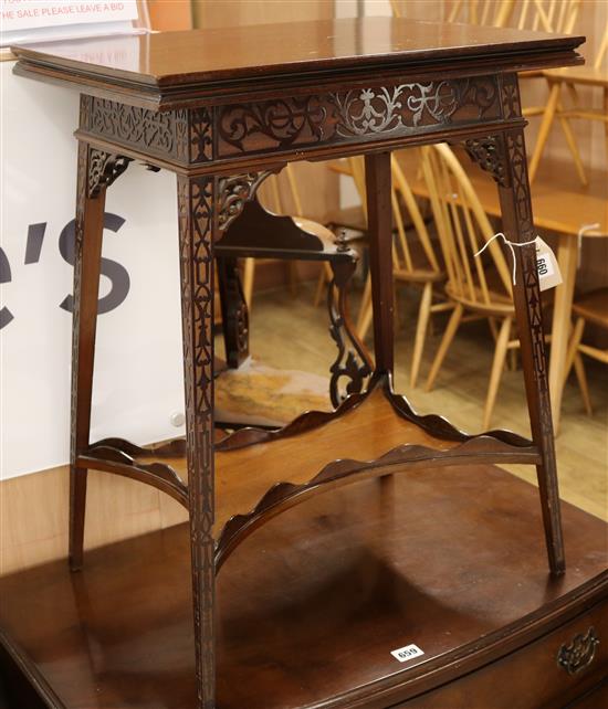 An Edwardian blind fret-carved folding top tea table W.51cm